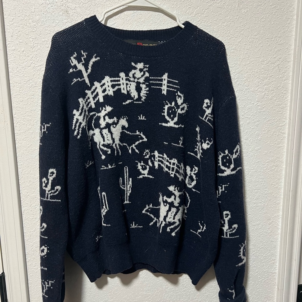 Navy Blue Sweater with Western Print